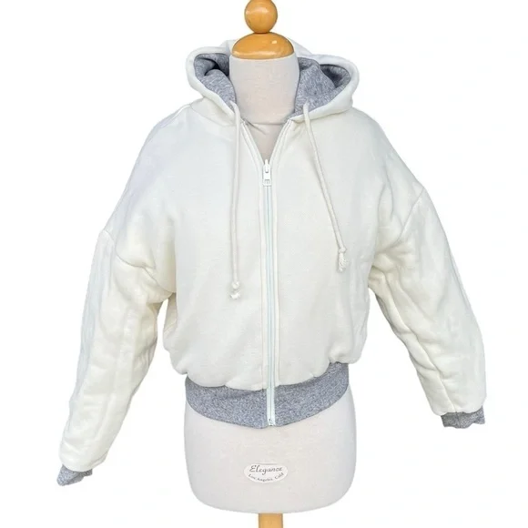 Madewell MWL Reversible Puffer Hoodie Jacket Gray Cream XXS Cropped Thick GUC